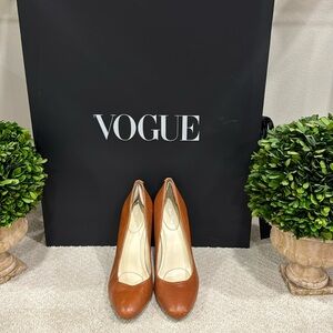 Calvin Klein saddle brown leather heel with stacked wood heel